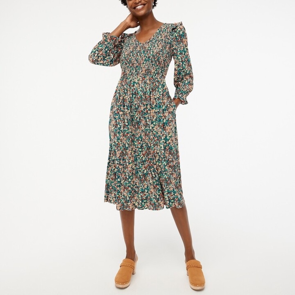 NWT J. Crew Factory V Neck Smocked Midi Dress in Old Forest Coral Floral Sz L